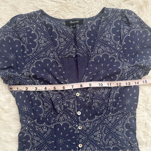 Madewell Dress Shirred Button-Front Mini Bandana Print Nighttime Blue Sz 00 - Picture 11 of 12